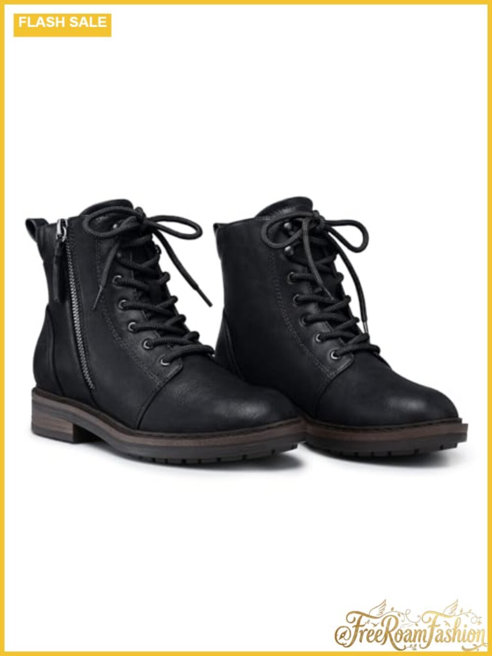 Combat Boots for Women Comfortable Lace-Up Flat Ankle Boots Faux Leather